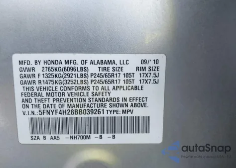 2011 Honda Pilot Lx из США, поврежденный, VIN 5FNYF4H28BB039261